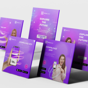 futuristic app promotion social media templates – neon tech mobile app launch post set